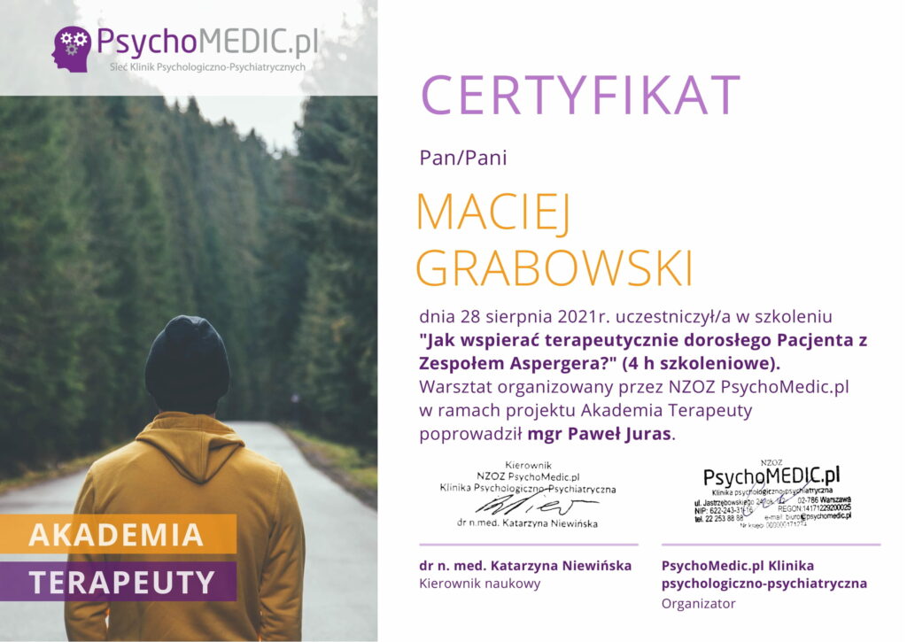 Certyfikat dla Macieja Grabowskiego - Psychiata Radom