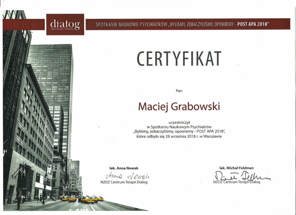 Certyfikat dla radomskiego psychiatry - Maciej Grabowski