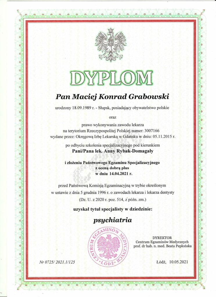 Certyfikat dla Macieje Grabowskiego - prywatny psychiatra w Radomiu