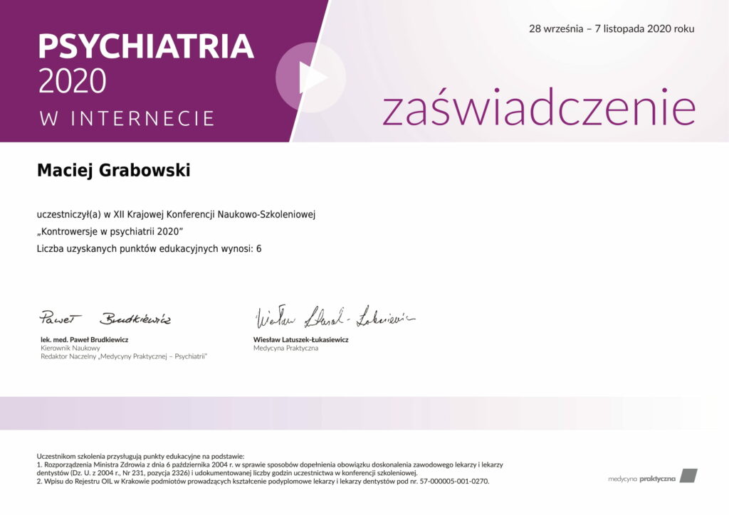 Psychiatra Maciej Grabowski - certyfikat