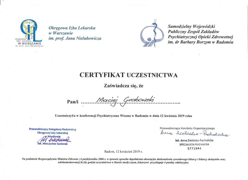 Certyfikat dla Macieja Grabowskiego - radomski psychiatra