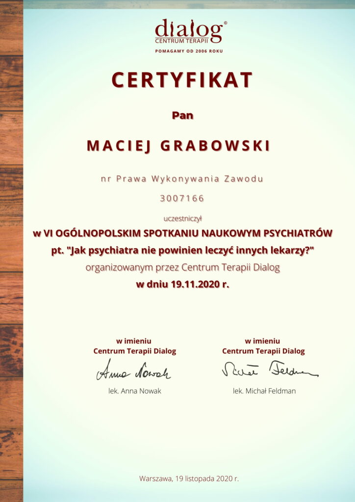 Prywatny psychiatra Radom - certyfikat