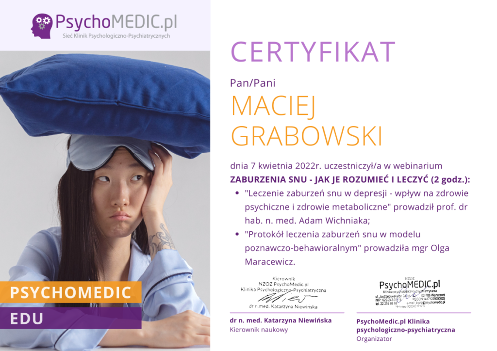 Maciej Grabowski Psychiatra - certyfikat