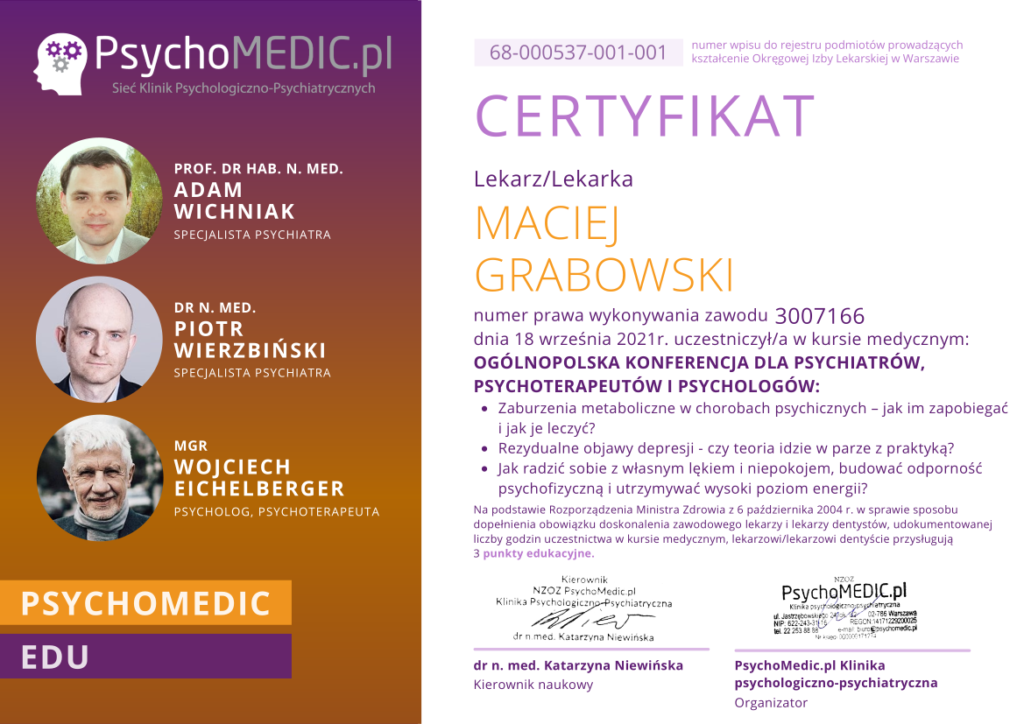 Certyfikat - Psychiatra Maciej Grabowski