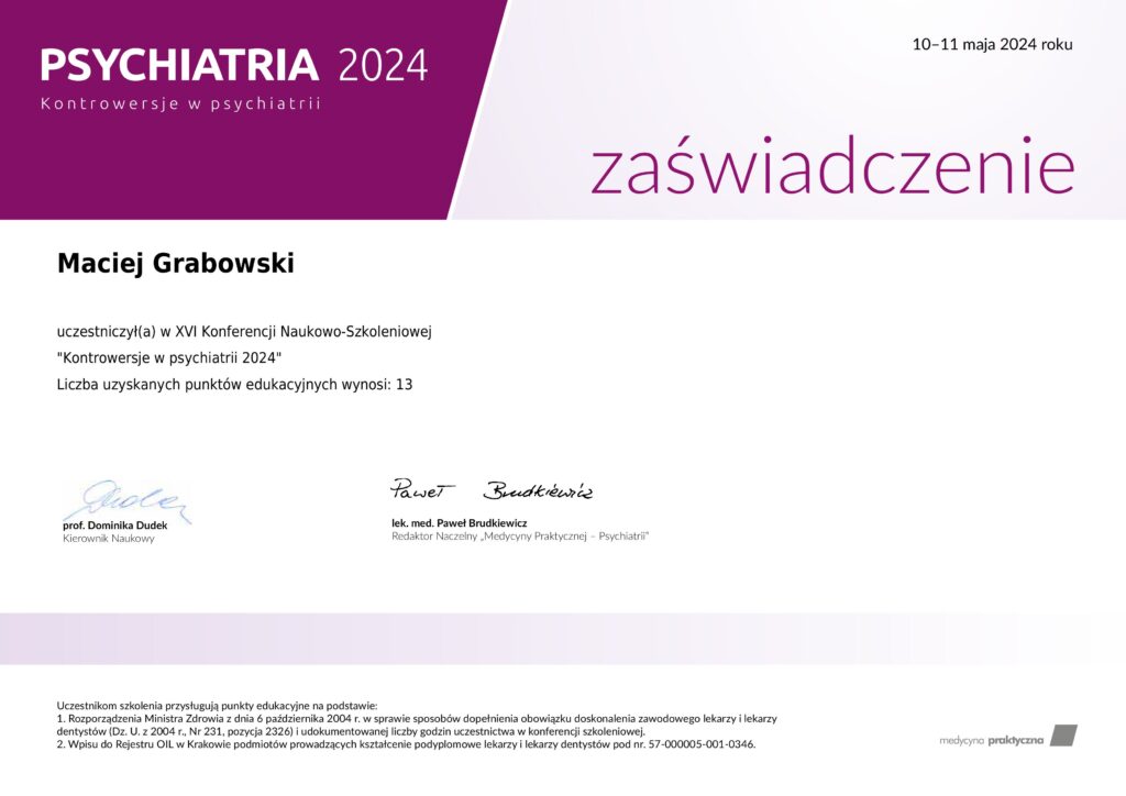 Certyfikat psychiatry z Radomia